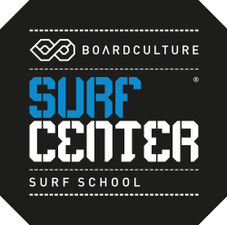 Boardculture surf center surf school logo with black, blue and white